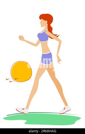 Happy young woman running or walking fast in casual clothes, isolated ...