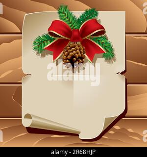 Xmas ribbon and blank paper leaf on wooden background. Vector illustration Stock Vector