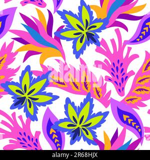 Bright seamless pattern with colorful ornamental shapes and floral decorative elements. Hippie psychedelic print. Stock Vector
