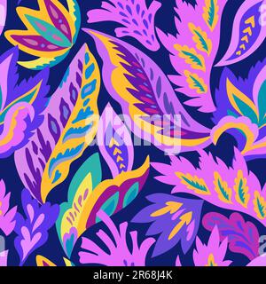 Bright seamless pattern with colorful ornamental shapes and floral decorative elements. Hippie psychedelic print. Stock Vector