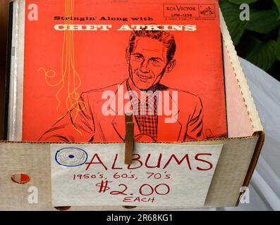 A copy of guitarist Chet Atkins' 1960 record album, 'Stringin' Along With Chet Atkins'', for sale at a flea market in Virginia. Stock Photo