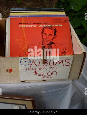 A copy of guitarist Chet Atkins' 1960 record album, 'Stringin' Along With Chet Atkins'', for sale at a flea market in Virginia. Stock Photo