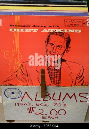 A copy of guitarist Chet Atkins' 1960 record album, 'Stringin' Along With Chet Atkins'', for sale at a flea market in Virginia. Stock Photo