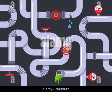 background from water pipes on a dark background. flat vector illustration. Stock Vector