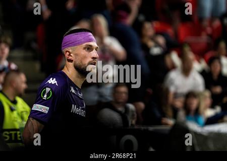 Prague, Czech Republic. 07th June, 2023. Cristiano Biraghi (3) of Fiorentina seen during the UEFA Europa Conference League final between Fiorentina v West Ham United at Eden Arena in Prague. Credit: Gonzales Photo/Alamy Live News Stock Photo