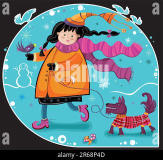 Cute girl in colorful scarf, holding colorful winter bird, and her dog are walking at winter day. Christmas holidays. Vector illustration. Stock Vector