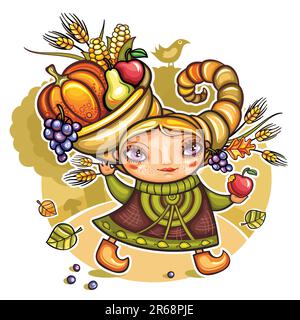 Thanksgiving holiday theme: Happy cute girl wearing Cornucopia hat full of colorful fruits and vegetables, celebrating harvest festival in the fore... Stock Vector