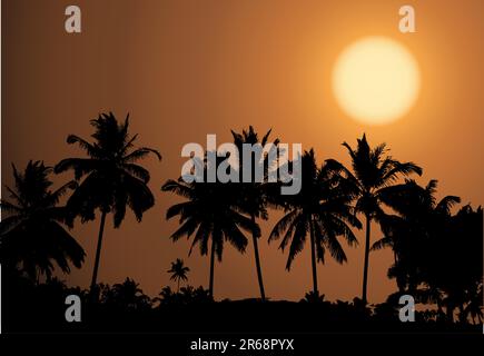 Tropical sunset, palm tree silhouette Stock Vector