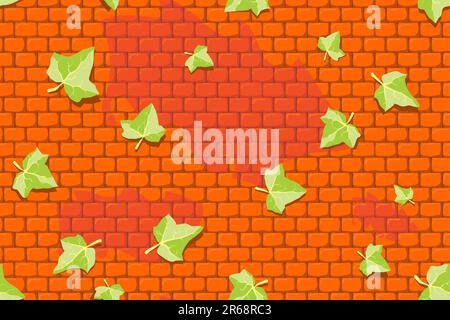 Stylized ivy leaves on a orange brick wall. Seamless pattern Stock Vector