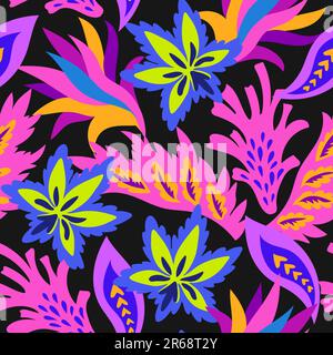Bright seamless pattern with colorful ornamental shapes and floral decorative elements. Hippie psychedelic print. Stock Vector