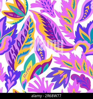 Bright seamless pattern with colorful ornamental shapes and floral decorative elements. Hippie psychedelic print. Stock Vector
