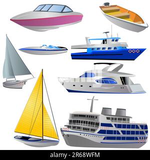 Vector illustration of different boat types isolated on white background. Stock Vector