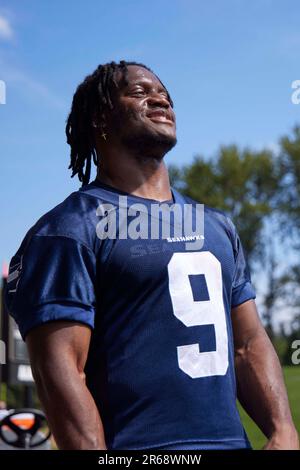 Seattle Seahawks running back Kenneth Walker III (9) looks on during an NFL  football game against the San Francisco 49ers, Sunday, Sept. 18, 2022 in  Santa Clara, Calif. (AP Photo/Lachlan Cunningham Stock