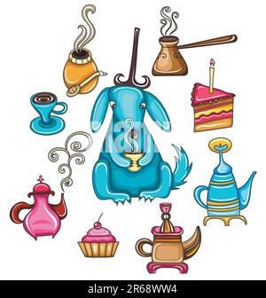 Funny, coffee, mate, tea, set with cute dog Stock Vector