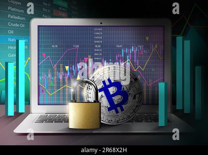 Digital currency security. Bitcoin and padlock on laptop. Charts, data and graphs Stock Photo