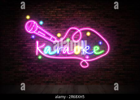 Glowing neon sign with word Karaoke and microphone on brick wall Stock Photo