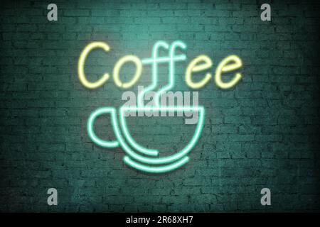 Glowing neon sign with cup and word Coffee on brick wall Stock Photo