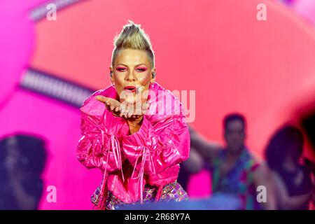 June 7, 2023, United kingdom: June 7, 2023, Bolton, United kingdom: American singer PINK performs at the University of Bolton Stadium, on the opening night of her Summer Carnival tour. The So What chart-topper, last toured the UK in 2019, will also be heading to Sunderland, Birmingham and London ahead of European and U.S. Dates. (Credit Image: © Andy Von Pip/ZUMA Press Wire) EDITORIAL USAGE ONLY! Not for Commercial USAGE! Stock Photo