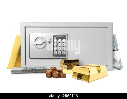 Closed steel safe with money and gold bars on white background Stock Photo