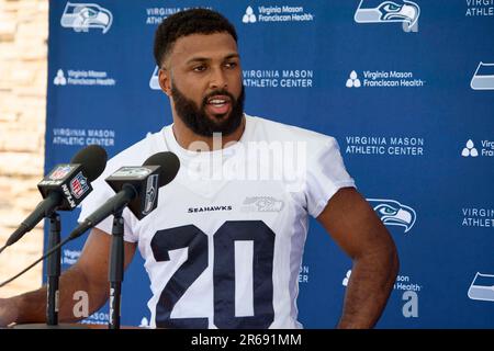 Seattle Seahawks cornerback Lance Boykin (18) and safety Julian Love (20)  jog on the field before the NFL football team's mock game, Friday, Aug. 4,  2023, in Seattle. (AP Photo/Lindsey Wasson Stock Photo - Alamy