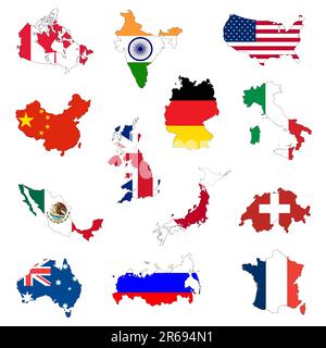 outline maps of the countries with national flags Stock Vector
