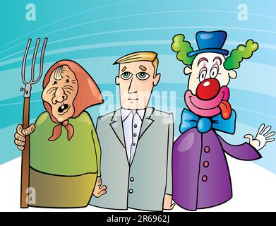 cartoon illustration of farmer woman, businessman and clown Stock Vector