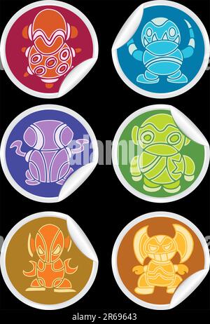 Set of 6 alien creatures from outer space - sticker style Stock Vector