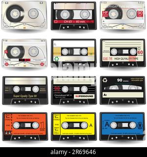 Vector illustration of nine different colored cassette tapes, isolated on white background. Stock Vector