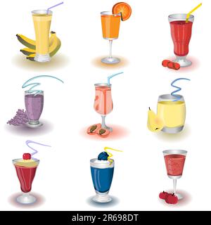 Set of nine different fruit shake icons, vector illustration Stock Vector