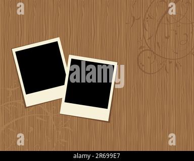 Two photo frames on wooden background Stock Vector