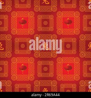 vector Chinese seamless traditional  pattern with lanterns and hieroglyph rabbit. clipping mask Stock Vector