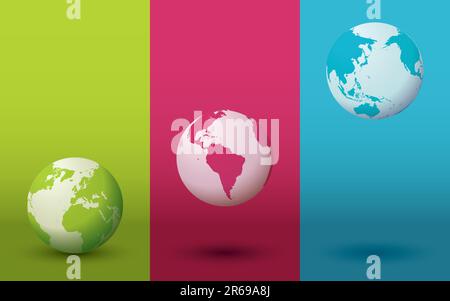 Three colorful globes with gradient backgrounds and shadows. Editable vector illustration. Stock Vector
