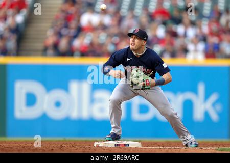 Boston Red Sox's Enrique Hernandez dunks away from a low pitch in the  fourth inning of the team's baseball game against the Cleveland Guardians,  Wednesday, June 7, 2023, in Cleveland. (AP Photo/Sue