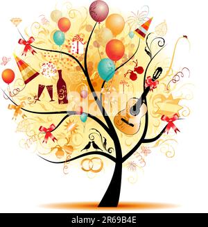 Happy celebration, funny tree with holiday symbols Stock Vector