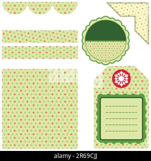 A set of elements for the design: a large background, frame, corners and other decorated with red circles on a light green background. Stock Vector