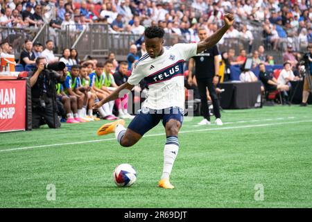 Vancouver, Canada. 07th June, 2023. Vancouver, British Columbia, Canada, June 7th 2023: Javain Brown (23 Vancouver Whitecaps FC) kicks the ball during the Major League Soccer Canadian Championship Final match between Vancouver Whitecaps FC and CF Montreal at BC Place Stadium in Vancouver, British Columbia, Canada (EDITORIAL USAGE ONLY). (Amy Elle/SPP) Credit: SPP Sport Press Photo. /Alamy Live News Stock Photo