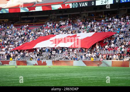 Vancouver, Canada. 07th June, 2023. Vancouver, British Columbia, Canada, June 7th 2023: Vancouver Whitecaps FC fan supporters are seen with the flag of Canada before the Major League Soccer Canadian Championship Final match between Vancouver Whitecaps FC and CF Montreal at BC Place Stadium in Vancouver, British Columbia, Canada (EDITORIAL USAGE ONLY). (Amy Elle/SPP) Credit: SPP Sport Press Photo. /Alamy Live News Stock Photo