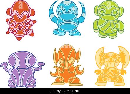 Set of 6 alien creatures from outer space. Stock Vector