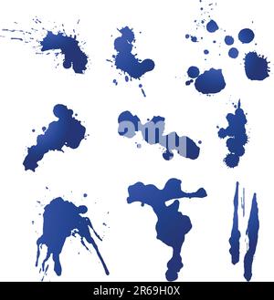 Nine individual layers of ink splatters. Each splatter entirely adjustable for color fill or gradient. Stock Vector