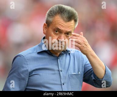 Cottbus, Germany. 07th June, 2023. Soccer: Regionalliga - promotion round to the 3rd league, first leg, FC Energie Cottbus - SpVgg Unterhaching, Stadion der Freundschaft. Unterhaching's president Manfred 'Manni' Schwabl stands in the stadium. Credit: Robert Michael/dpa/Alamy Live News Stock Photo