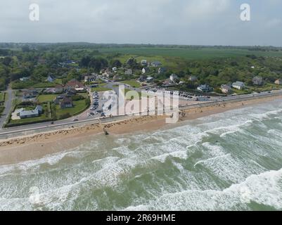 Aerial drone video of Omaha beach in Normandy,France Stock Photo