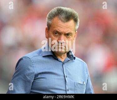 Cottbus, Germany. 07th June, 2023. Soccer: Regionalliga - promotion round to the 3rd league, first leg, FC Energie Cottbus - SpVgg Unterhaching, Stadion der Freundschaft. Unterhaching's president Manfred 'Manni' Schwabl stands in the stadium. Credit: Robert Michael/dpa/Alamy Live News Stock Photo