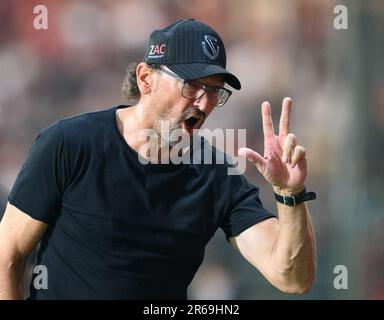 Cottbus, Germany. 07th June, 2023. Soccer: Regionalliga - Promotion round to the 3rd league, first leg, FC Energie Cottbus - SpVgg Unterhaching, Stadion der Freundschaft. Cottbus' coach Claus-Dieter 'Pele' Wollitz gestures. Credit: Robert Michael/dpa/Alamy Live News Stock Photo