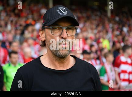 Cottbus, Germany. 07th June, 2023. Soccer: Regionalliga - Promotion round to the 3rd league, first leg, FC Energie Cottbus - SpVgg Unterhaching, Stadion der Freundschaft. Cottbus' coach Claus-Dieter 'Pele' Wollitz stands in the stadium. Credit: Robert Michael/dpa/Alamy Live News Stock Photo