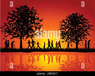 Silhouettes of people walking in the countryside Stock Vector