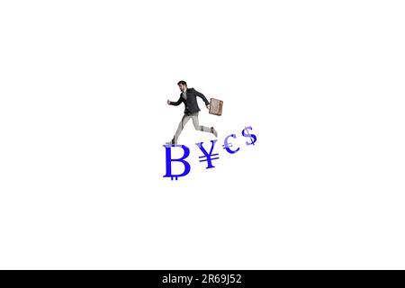 Time is money. a businessman carrying a bag and running above a financial symbols against a white background. Stock Photo