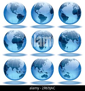 Set of nine globes showing earth with all continents. Stock Vector