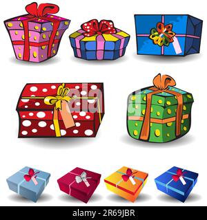 Set of nine different presents, colored vector illustration isolated on white background. Stock Vector