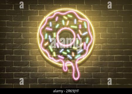 Doughnut glowing neon sign on brick wall Stock Photo