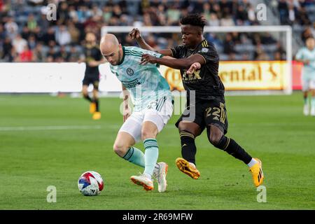 Los Angeles, California, USA. 7th June, 2023. Atlanta United FC defender Andrew Gutman (15) and Los Angeles FC forward Kwadwo Opoku (22) vie for the ball during an MLS soccer match Wednesday June 7, 2023, in Los Angeles. (Credit Image: © Ringo Chiu/ZUMA Press Wire) EDITORIAL USAGE ONLY! Not for Commercial USAGE! Stock Photo